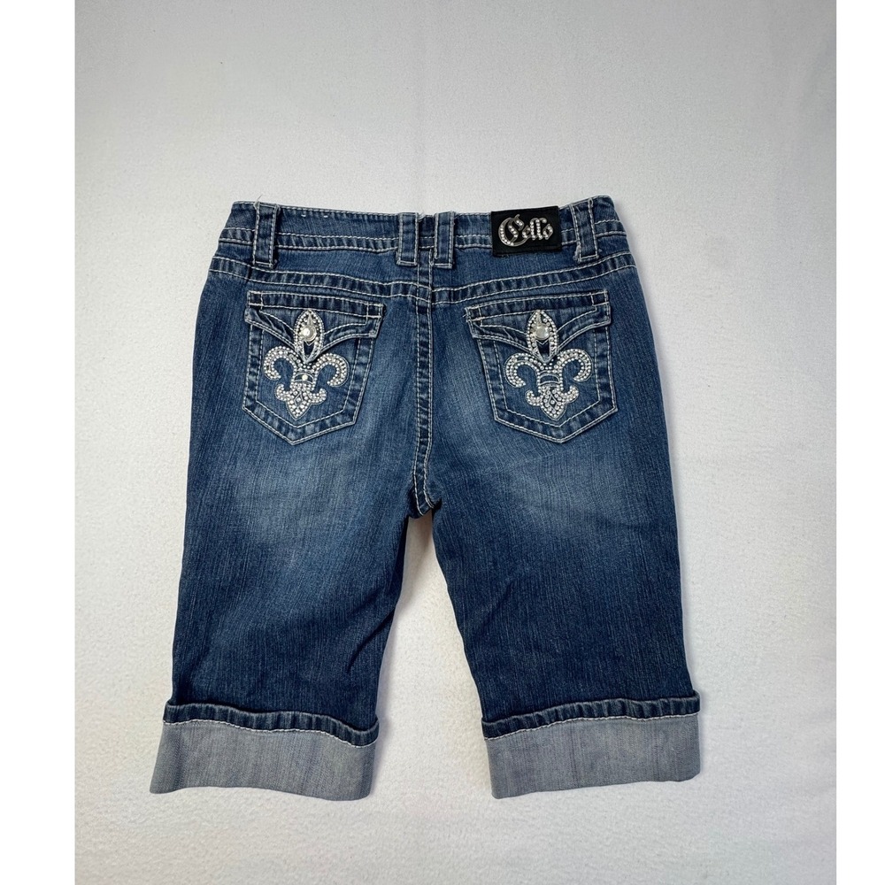 Y2K McBling Cello Womens‎ 11 Bermuda Shorts Blue Rhinestone Fleur De Lis Medium